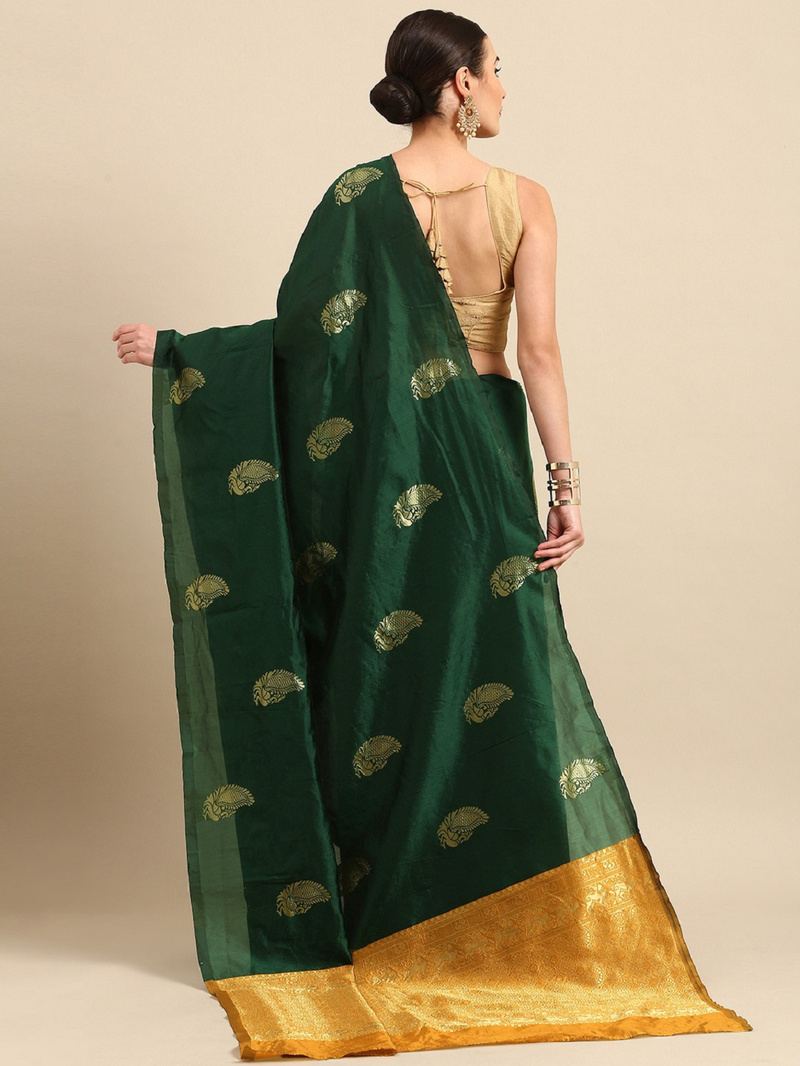 Green yellow soft silk blend banarasi jacuard work designer party wear saree with unstitched blouse piece