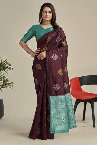 Maroon sky blue soft silk blend banarasi jacuard work designer party wear saree with unstitched blouse piece