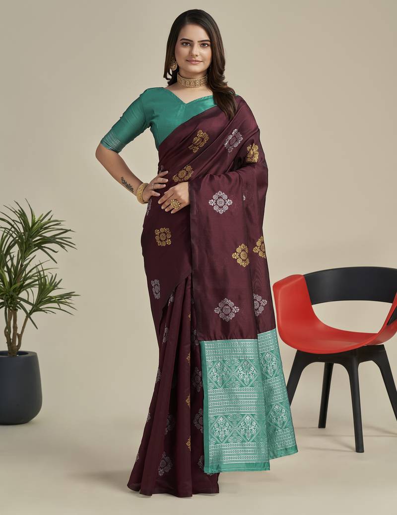 Maroon sky blue soft silk blend banarasi jacuard work designer party wear saree with unstitched blouse piece