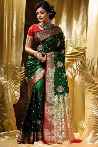 Green red soft silk blend banarasi jacuard work designer party wear saree with unstitched blouse piece