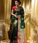 Green red soft silk blend banarasi jacuard work designer party wear saree with unstitched blouse piece