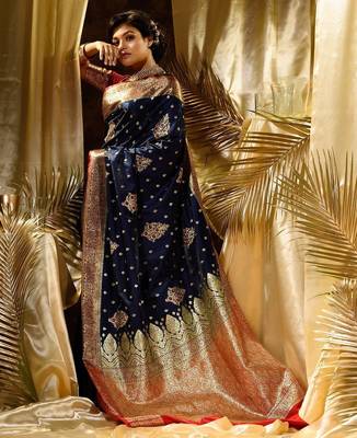 Blue red silk blend banarasi saree with unstitched blouse piece 1