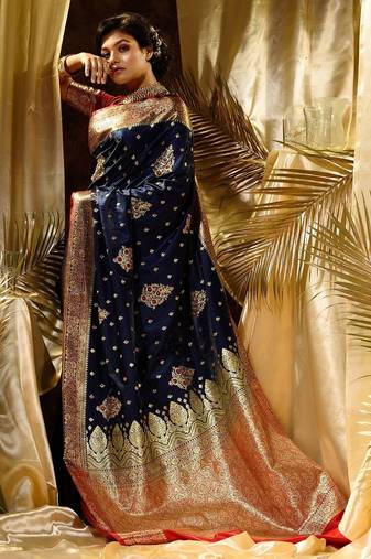 Blue red soft silk blend banarasi jacuard work designer party wear saree with unstitched blouse piece