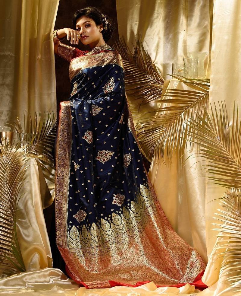 Blue red soft silk blend banarasi jacuard work designer party wear saree with unstitched blouse piece