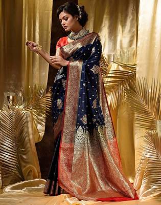 Blue red silk blend banarasi saree with unstitched blouse piece 2