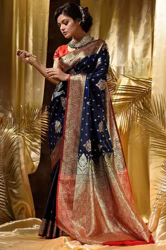 Blue red silk blend banarasi saree with unstitched blouse piece