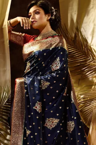 Blue red silk blend banarasi saree with unstitched blouse piece
