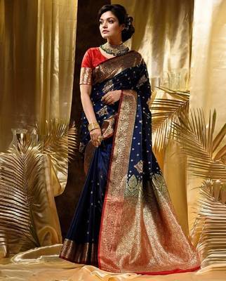 Blue red silk blend banarasi saree with unstitched blouse piece 5