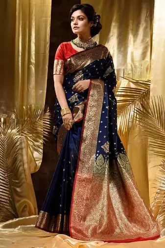 Blue red silk blend banarasi saree with unstitched blouse piece