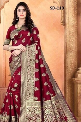 Maroon soft silk blend banarasi jacuard work designer party wear saree with unstitched blouse piece