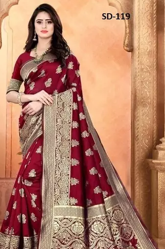 Maroon soft silk blend banarasi jacuard work designer party wear saree with unstitched blouse piece