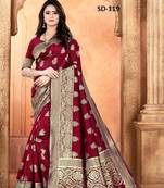 Maroon soft silk blend banarasi jacuard work designer party wear saree with unstitched blouse piece