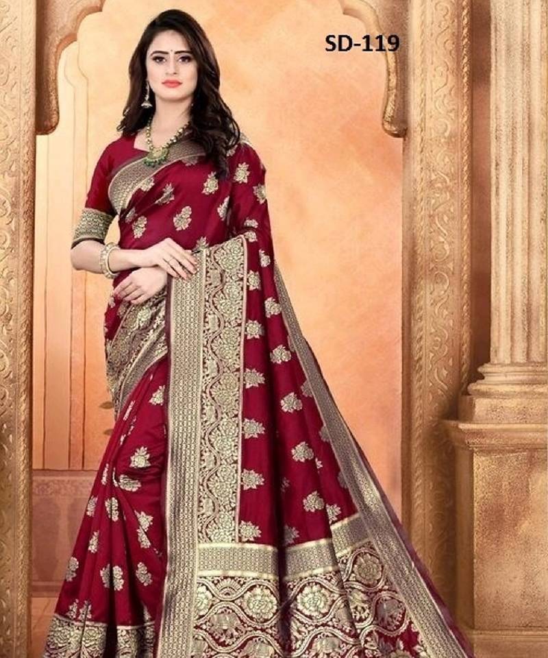 Maroon soft silk blend banarasi jacuard work designer party wear saree with unstitched blouse piece