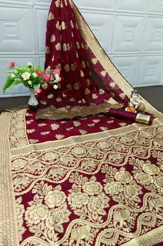 Maroon silk blend banarasi saree with unstitched blouse piece