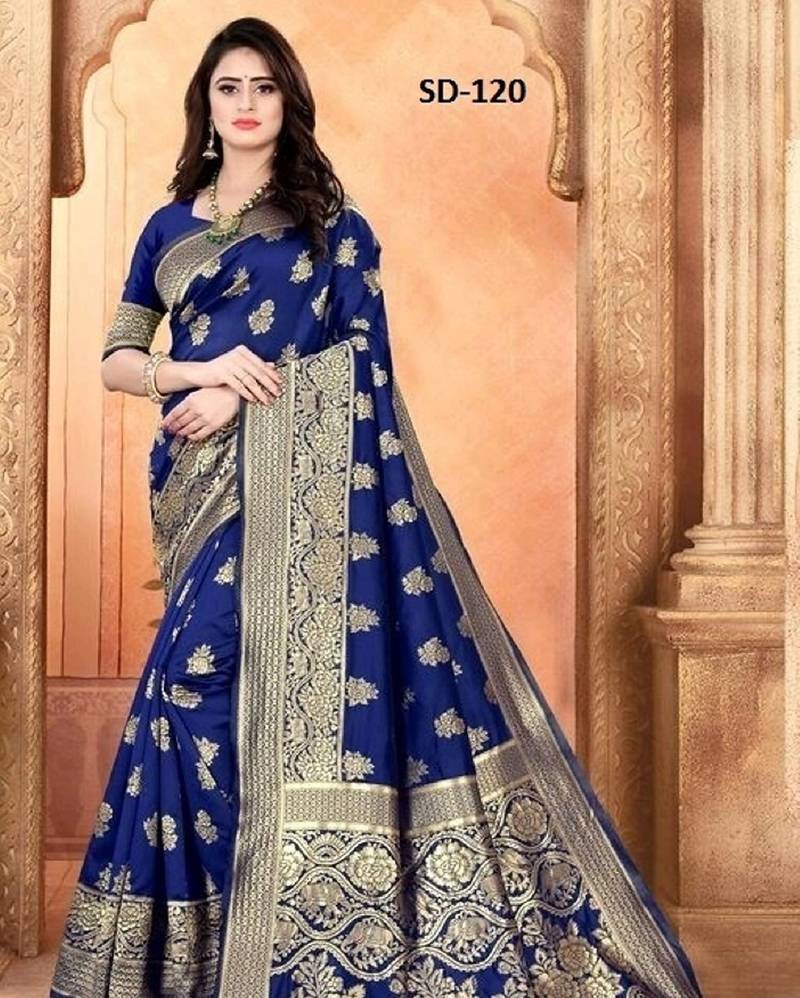 Neavy blue soft silk blend banarasi jacuard work designer party wear saree with unstitched blouse piece