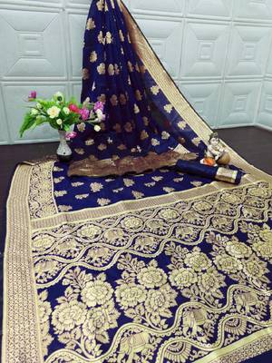 Neavy blue silk blend banarasi saree with unstitched blouse piece 2