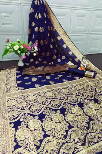 Neavy blue silk blend banarasi saree with unstitched blouse piece
