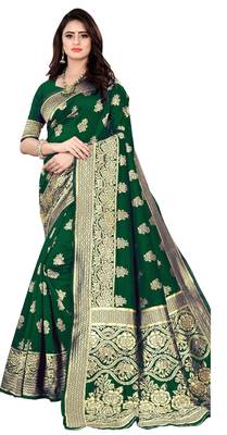 Green silk blend banarasi saree with unstitched blouse piece 1