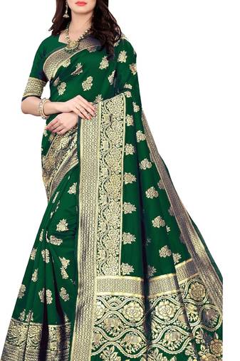 Green soft silk blend banarasi jacuard work designer party wear saree with unstitched blouse piece