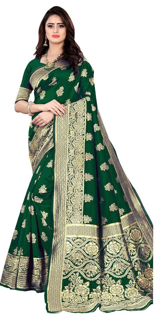 Green soft silk blend banarasi jacuard work designer party wear saree with unstitched blouse piece