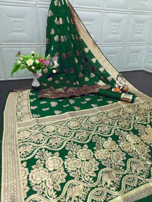 Green silk blend banarasi saree with unstitched blouse piece 2