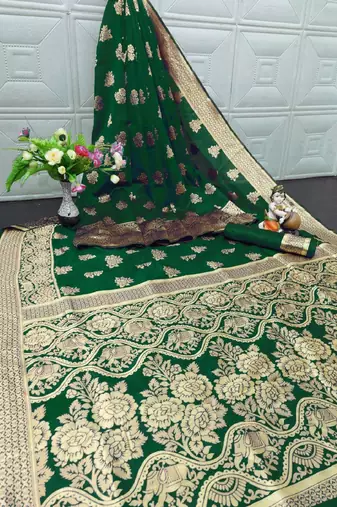 Green silk blend banarasi saree with unstitched blouse piece