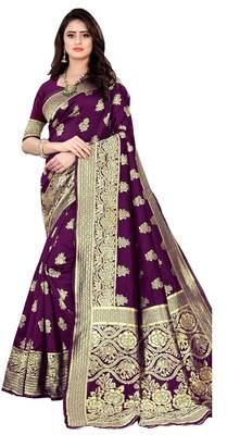 Purple silk blend banarasi saree with unstitched blouse piece 1