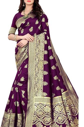 Purple soft silk blend banarasi jacuard work designer party wear saree with unstitched blouse piece