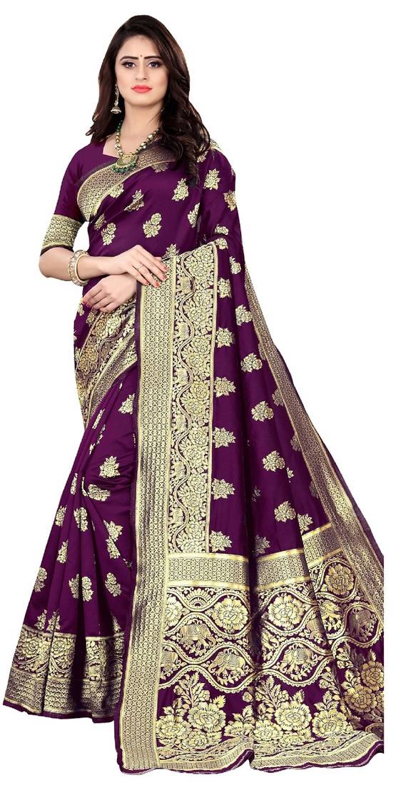 Purple soft silk blend banarasi jacuard work designer party wear saree with unstitched blouse piece