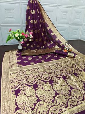 Purple silk blend banarasi saree with unstitched blouse piece 2