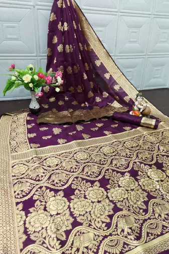 Purple silk blend banarasi saree with unstitched blouse piece