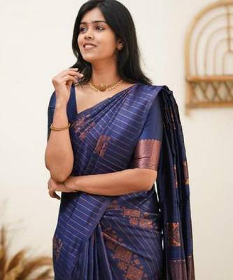 Blue silk blend banarasi saree with unstitched blouse piece 1