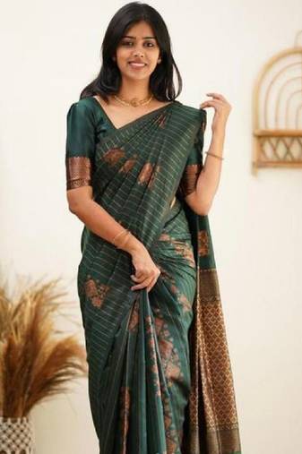 Green soft silk blend banarasi jacuard work designer party wear saree with unstitched blouse piece