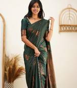 Green soft silk blend banarasi jacuard work designer party wear saree with unstitched blouse piece