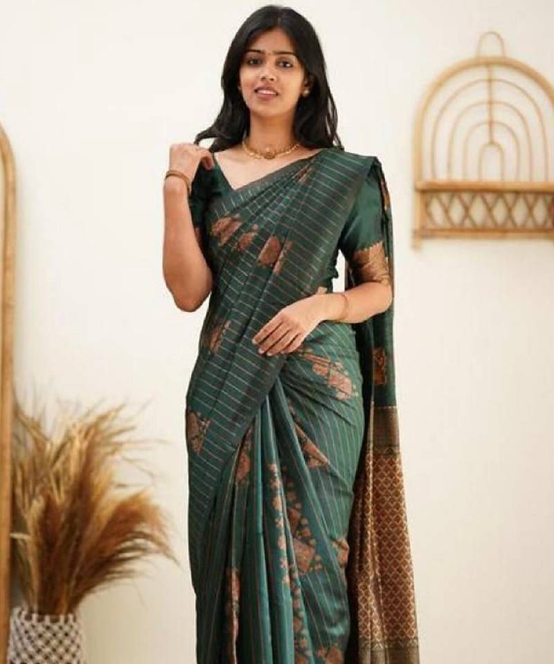 Green soft silk blend banarasi jacuard work designer party wear saree with unstitched blouse piece