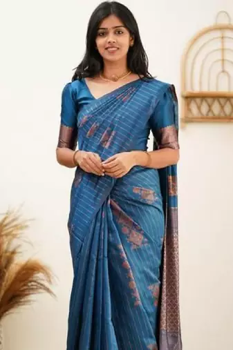 Rama silk blend banarasi saree with unstitched blouse piece