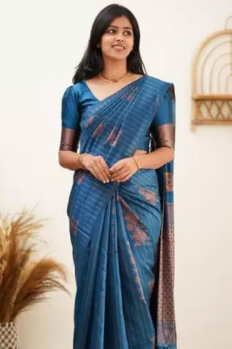 Rama silk blend banarasi saree with unstitched blouse piece