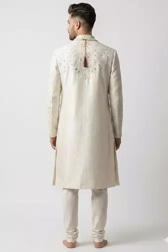Ivory zardosi & peacock motif hand-embroidered raw silk sherwani mandarin collar