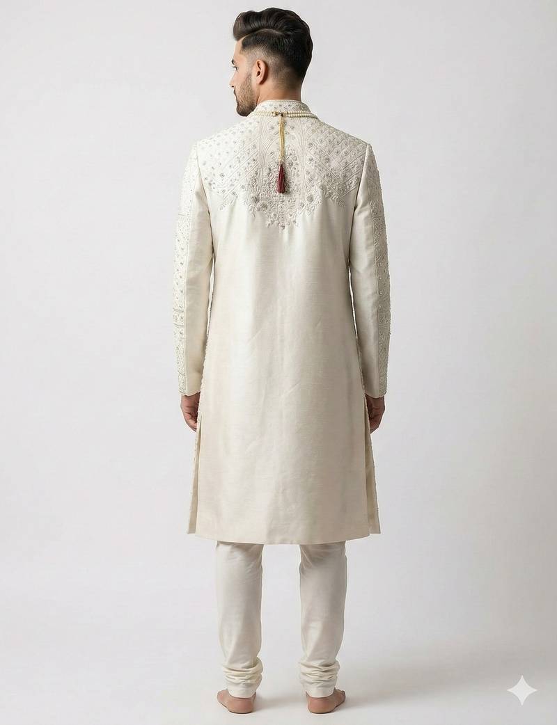 Ivory zardosi & peacock motif hand-embroidered raw silk sherwani mandarin collar