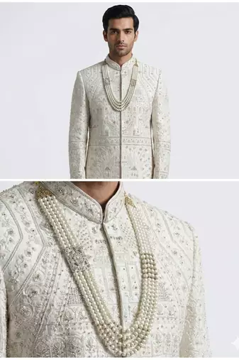Ivory zardosi & peacock motif hand-embroidered raw silk sherwani mandarin collar