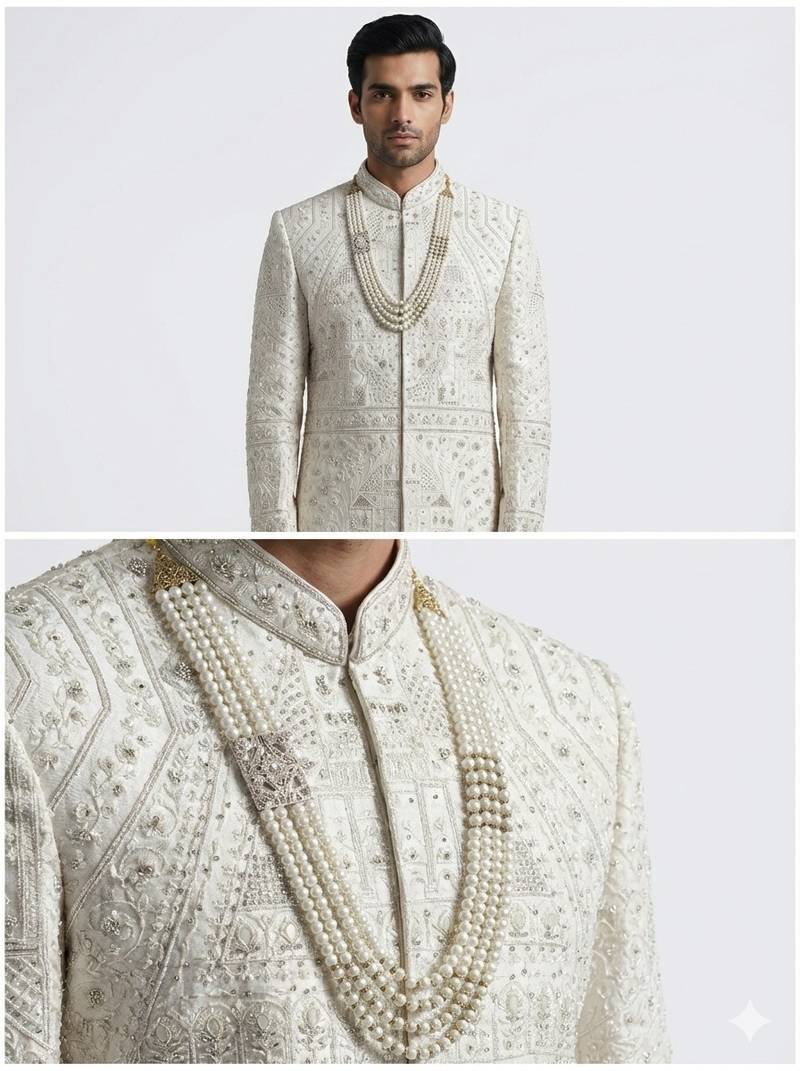 Ivory zardosi & peacock motif hand-embroidered raw silk sherwani mandarin collar