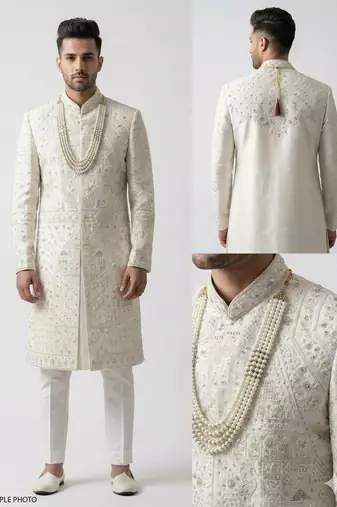 Ivory zardosi & peacock motif hand-embroidered raw silk sherwani mandarin collar