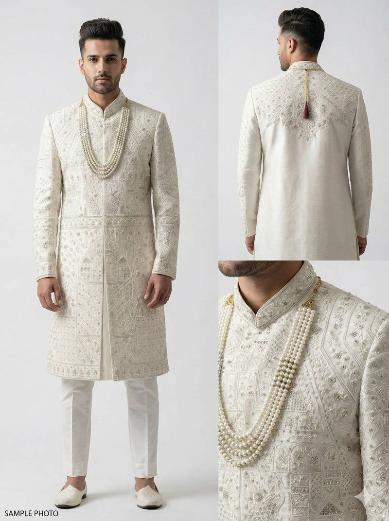 Ivory zardosi & peacock motif hand-embroidered raw silk sherwani mandarin collar