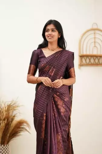 Wine silk blend banarasi saree with unstitched blouse piece