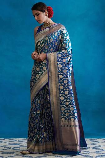 Morpich soft silk blend banarasi jacuard work designer party wear saree with unstitched blouse piece