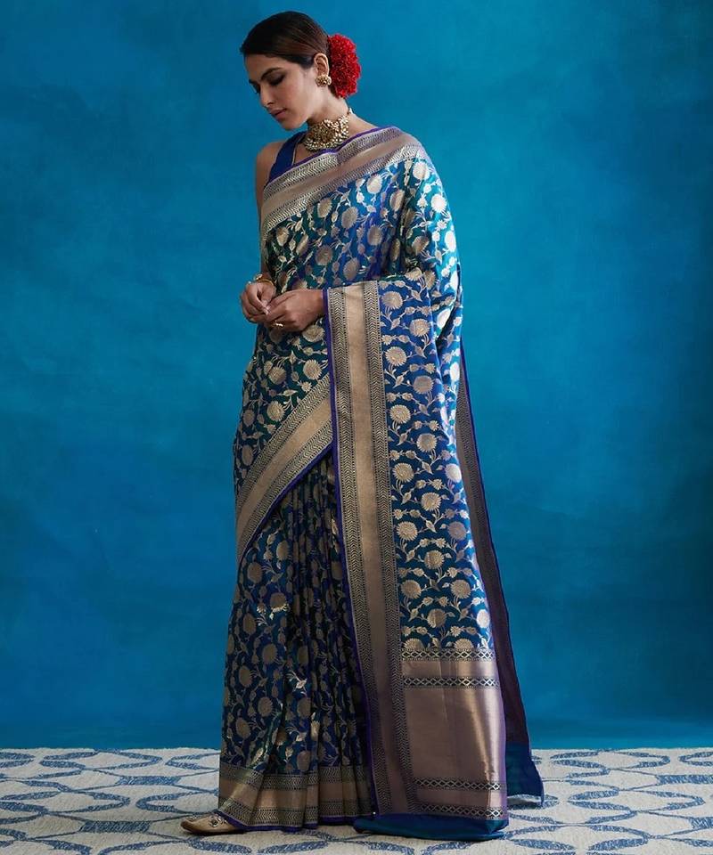 Morpich soft silk blend banarasi jacuard work designer party wear saree with unstitched blouse piece