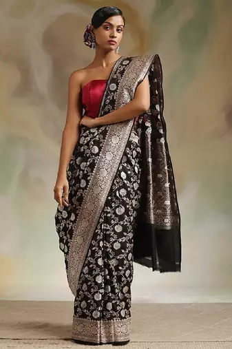 Black soft silk blend banarasi jacuard work designer party wear saree with unstitched blouse piece