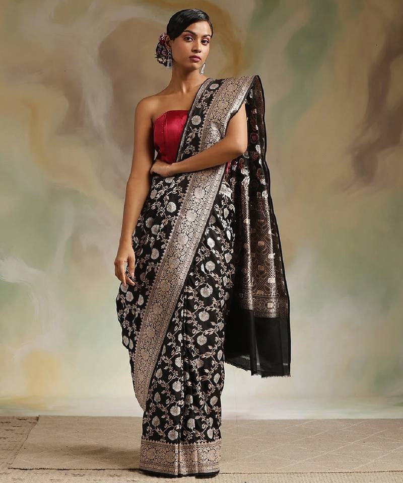 Black soft silk blend banarasi jacuard work designer party wear saree with unstitched blouse piece