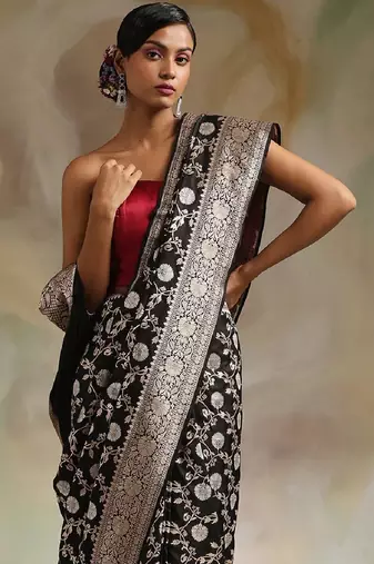 Black silk blend banarasi saree with unstitched blouse piece