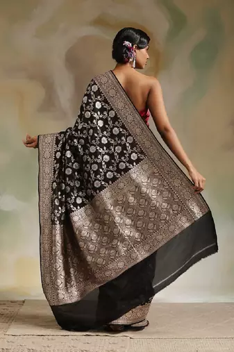 Black silk blend banarasi saree with unstitched blouse piece